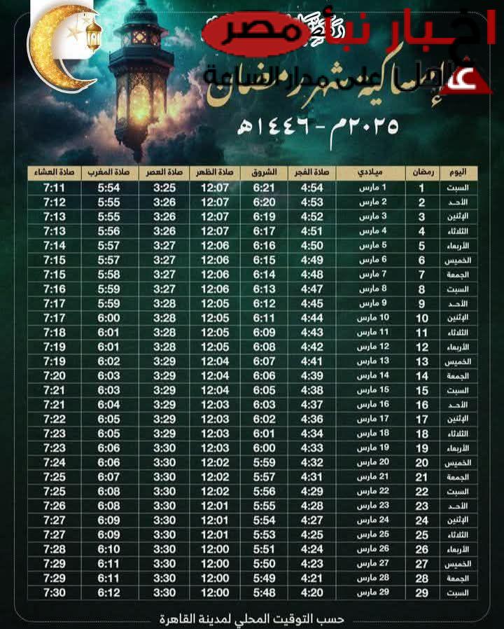 امساكية شهر رمضان ٢٠٢٥