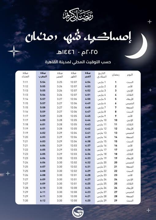 امساكية رمضان ٢٠٢٥ ومواقيت الصلاة والسحور والإفطار في مصر