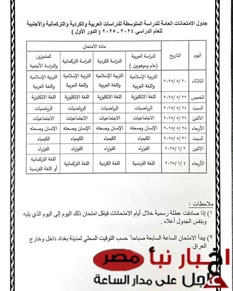 جدول امتحانات الثالث متوسط الدور الاول 2025