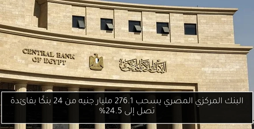 البنك المركزي المصري يسحب 276.1 مليار جنيه من 24 بنكًا بفائدة تصل إلى 24.5%