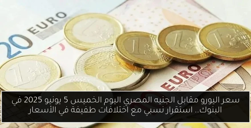 سعر اليورو مقابل الجنيه المصري اليوم الخميس 5 يونيو 2025 في البنوك.. استقرار نسبي مع اختلافات طفيفة في الأسعار