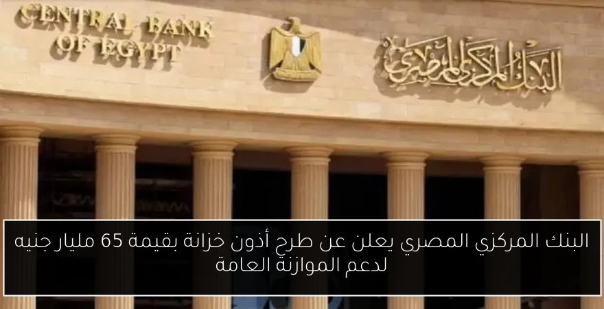 البنك المركزي المصري يعلن عن طرح أذون خزانة بقيمة 65 مليار جنيه لدعم الموازنة العامة